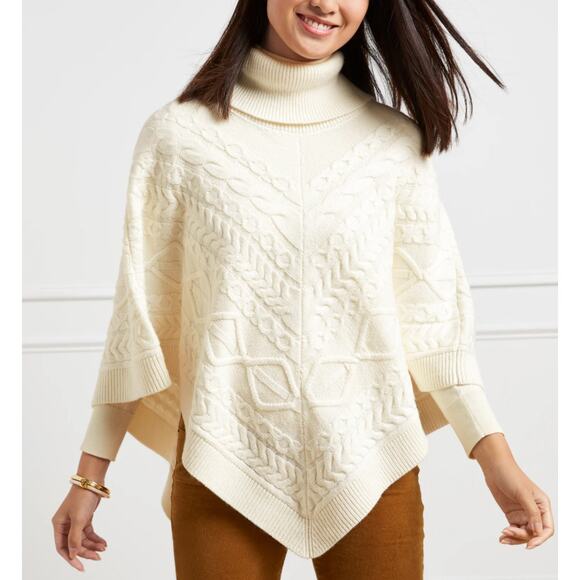 Talbots Cream Cable Knit Triangle Poncho Sweater Medium cotton blend white - Picture 1 of 7